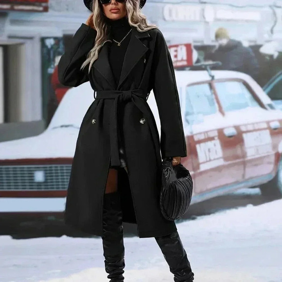 Women's Double Breasted  Lapel Neck Belted jacket Overcoat Black - Picture 3 of 6